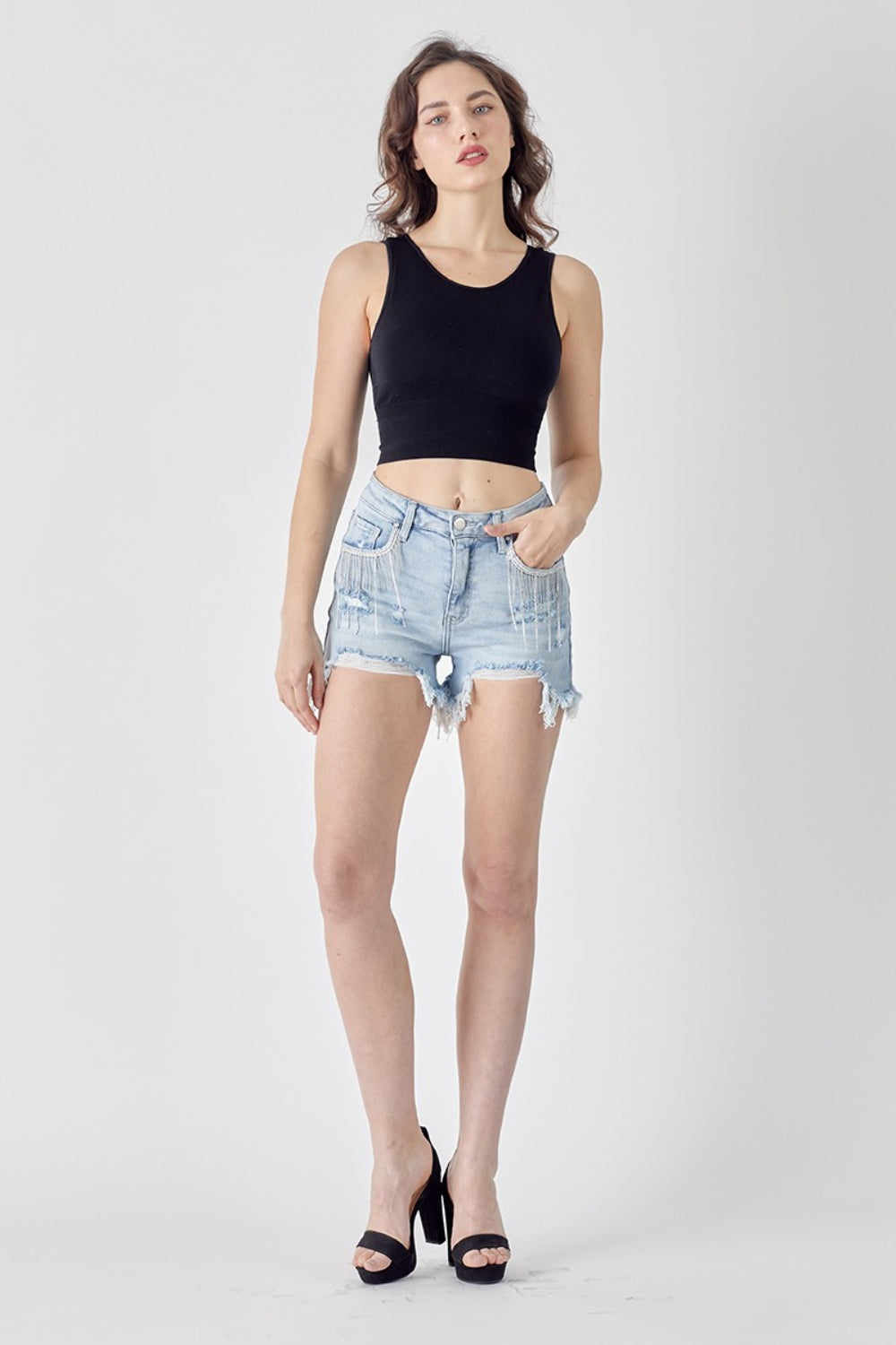 Frayed Denim Shorts with Rhinestone Pockets